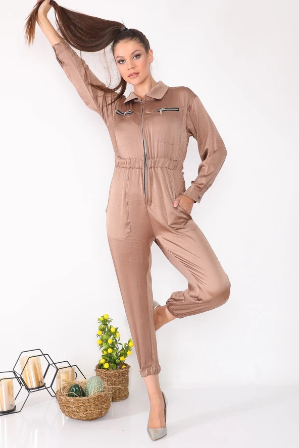 Fermuar Detaylı Cepli Uzun Kollu Kadın Tulum - 8