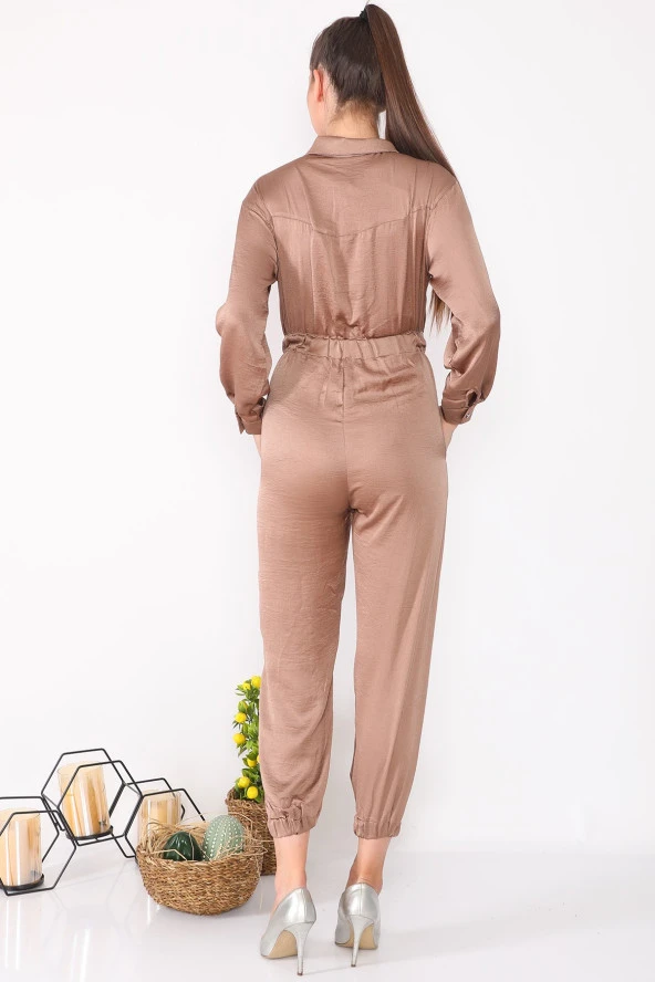 Fermuar Detaylı Cepli Uzun Kollu Kadın Tulum - 10