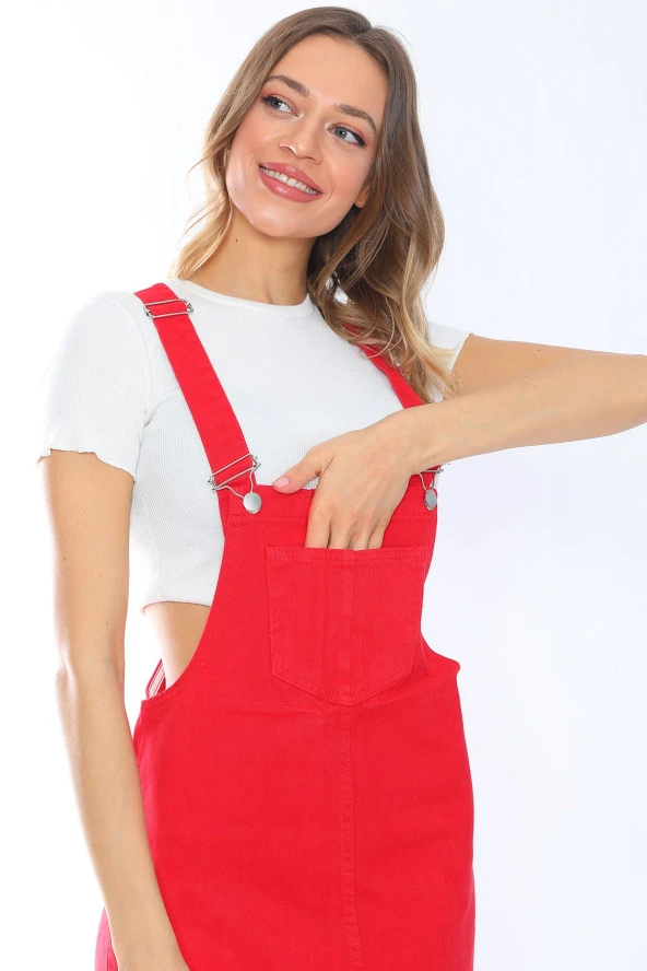 Kısa Kot Salopet Elbise - 5