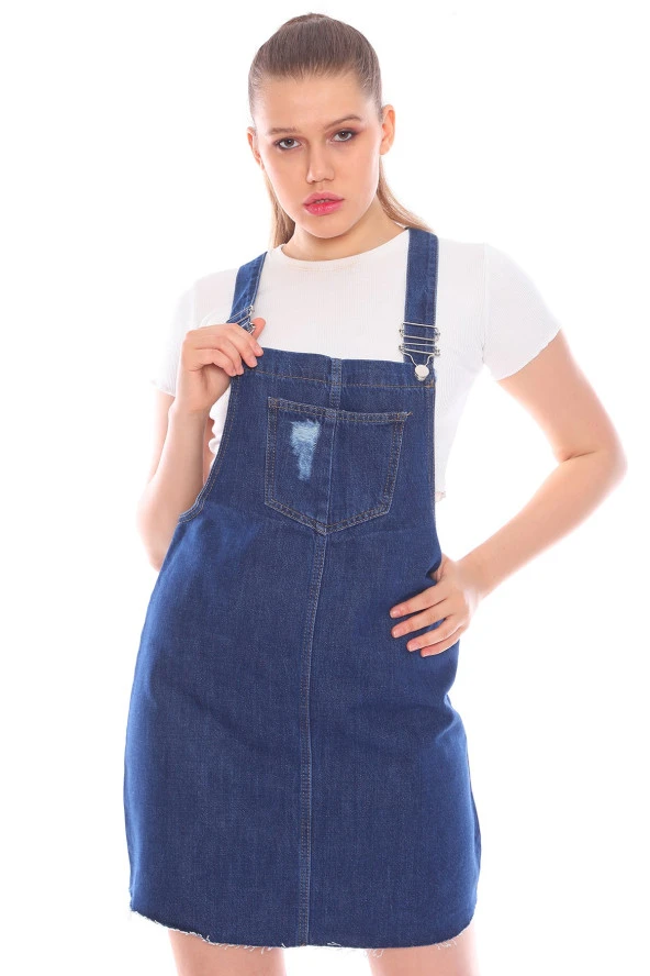 Kısa Kot Salopet Elbise - 6