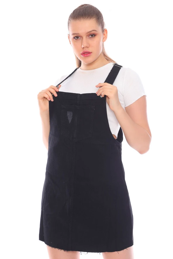 Kısa Kot Salopet Elbise - 7