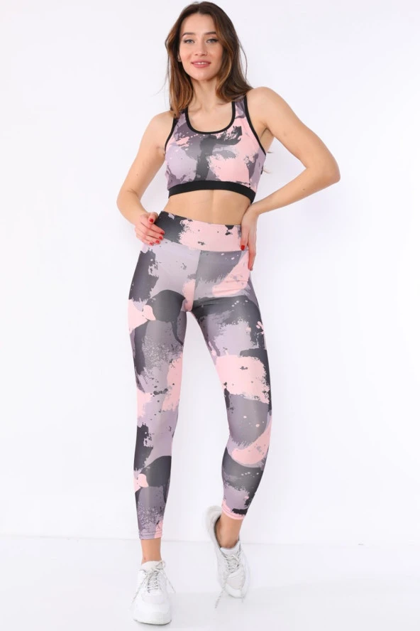 Yüksek Bel Toparlayıcı Mikro Dalgıç Kumaş Desenli Tayt Takım - 3