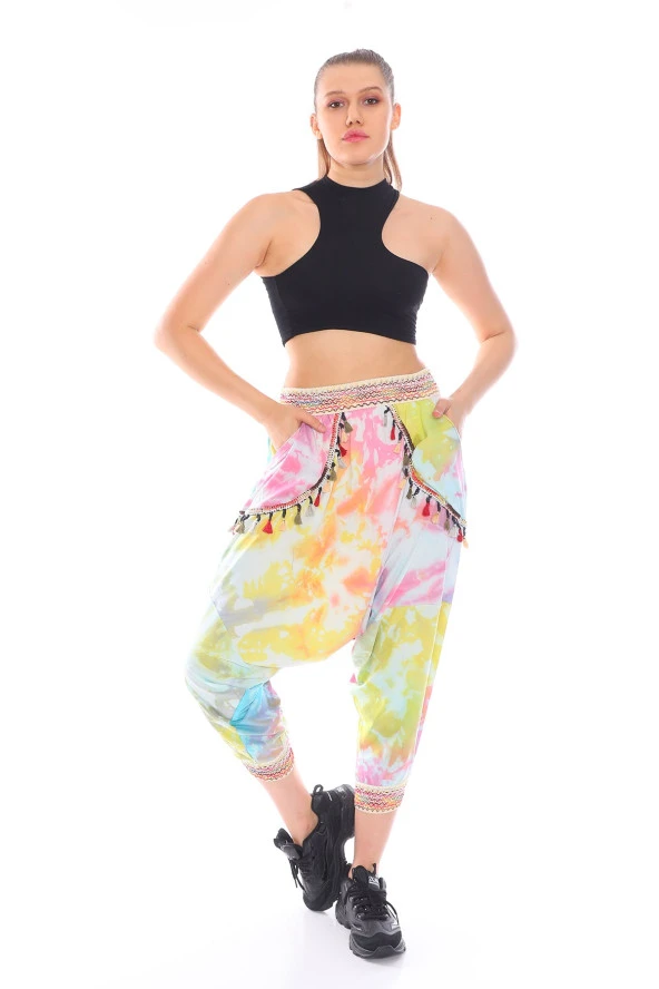 Renkli Cepleri Püskül Detaylı Batik Desen Etnik Şalvar Pantolon - 2