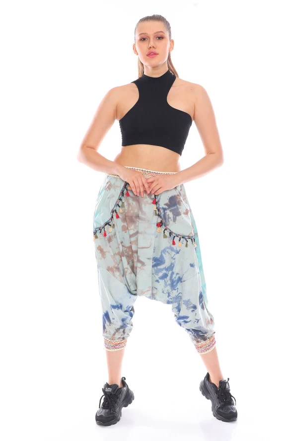 Renkli Cepleri Püskül Detaylı Batik Desen Etnik Şalvar Pantolon - 6