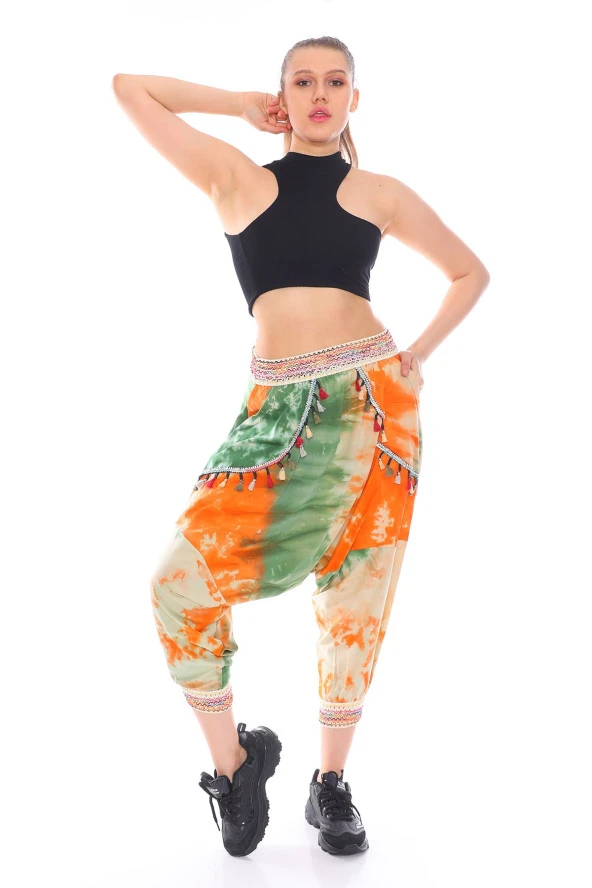 Renkli Cepleri Püskül Detaylı Batik Desen Etnik Şalvar Pantolon - 9