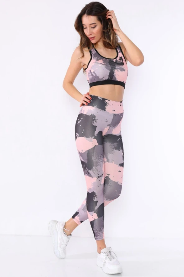 Yüksek Bel Toparlayıcı Mikro Dalgıç Kumaş Desenli Tayt Takım - 7