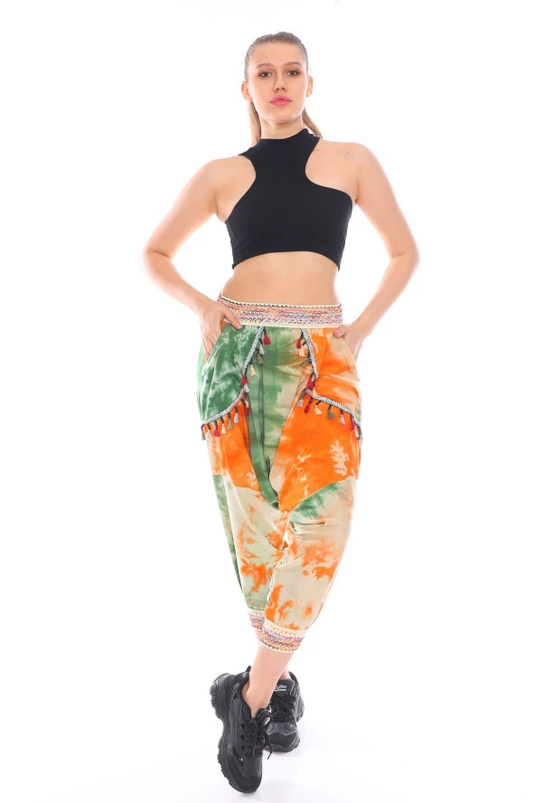 Renkli Cepleri Püskül Detaylı Batik Desen Etnik Şalvar Pantolon - 10