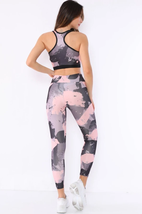 Yüksek Bel Toparlayıcı Mikro Dalgıç Kumaş Desenli Tayt Takım - 8