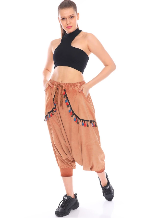 Püskül Detaylı Viskon Kumaş Etnik Şalvar Pantolon - 4