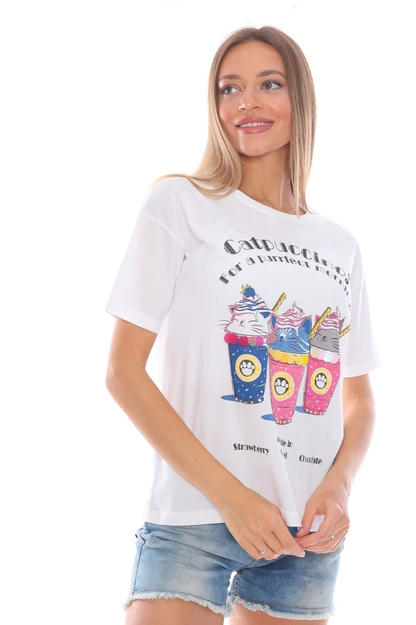 Cappuccino Baskılı Cotton T-Shirt, Pamuklu Tişört