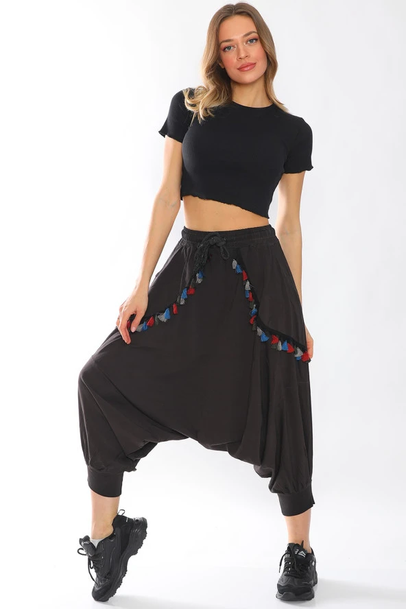 Püskül Detaylı Viskon Kumaş Etnik Şalvar Pantolon - 7