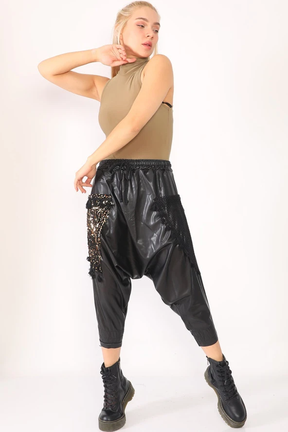 Yüksek Bel Pul ve File Detaylı Deri Şalvar Pantolon - 2