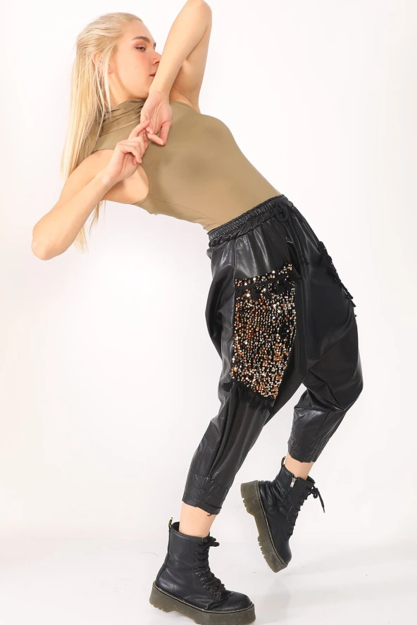 Yüksek Bel Pul ve File Detaylı Deri Şalvar Pantolon - 3