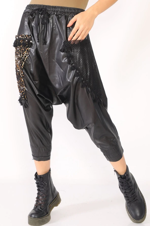 Yüksek Bel Pul ve File Detaylı Deri Şalvar Pantolon - 4