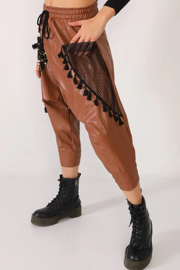 Yüksek Bel Pul ve File Detaylı Deri Şalvar Pantolon - 7