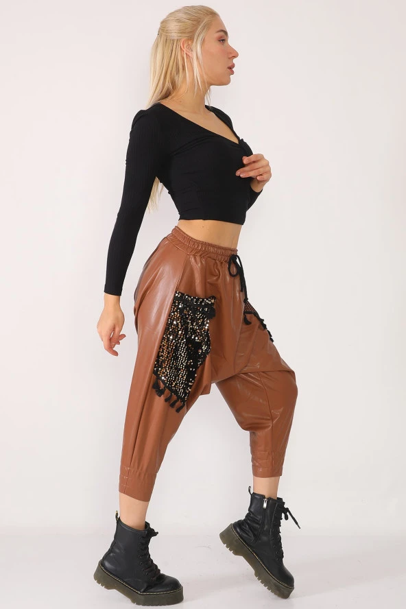 Yüksek Bel Pul ve File Detaylı Deri Şalvar Pantolon - 9