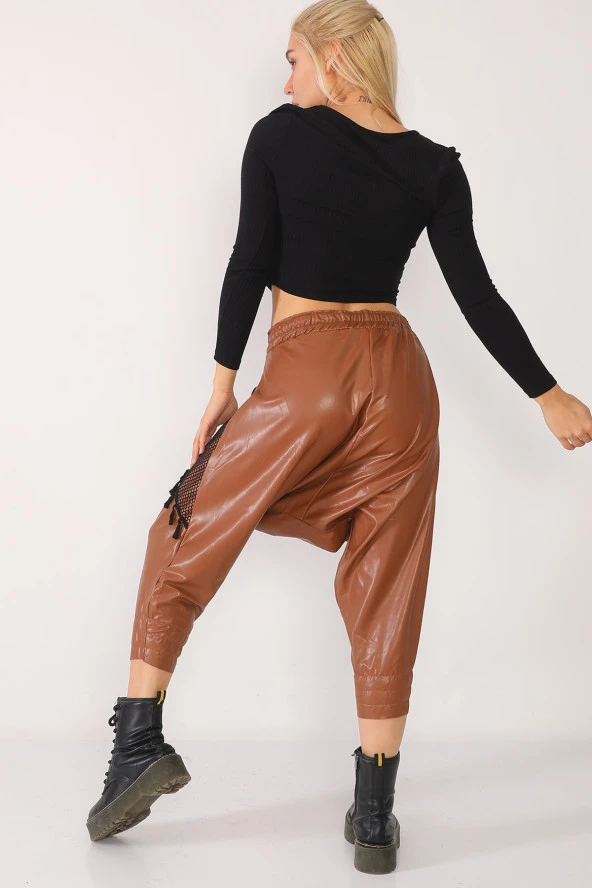 Yüksek Bel Pul ve File Detaylı Deri Şalvar Pantolon - 12