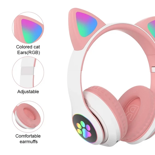 TG TN28 35mm Bluetooth 50 Cift Baglanti RGB Kedi Kulak Bass Stereo Gürültü Engelleme Mikrofonlu Kulaklık Yesil - 3