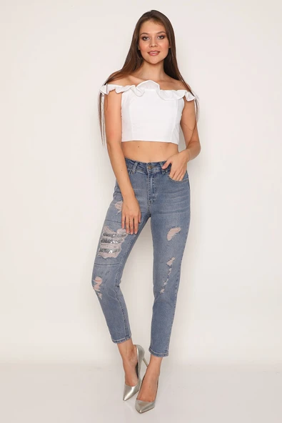 Dizde Pullu ve Yırtık Mom Jean Kot Pantolon - 2