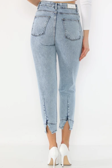 Yüksek Bel Paçası Yırtmaçlı Mom Jeans Kot Pantolon - 12