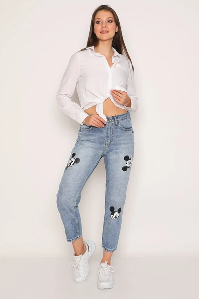 Yüksek Bel Baskılı Boyfriend Kot Pantolon - 3