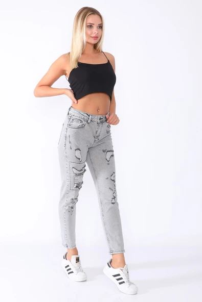 Dizde Pullu ve Yırtık Mom Jean Kot Pantolon - 9