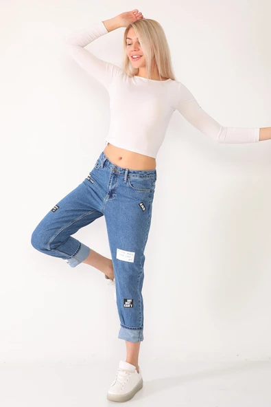 Baskılı Mom Jeans Kot Pantolon - 8