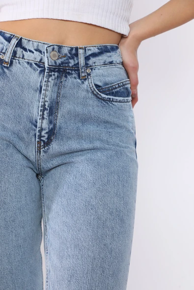 Yüksek Bel Paçası Yırtmaçlı Mom Jeans Kot Pantolon - 10