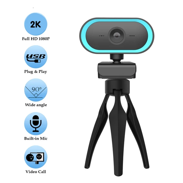 C11 2K HD Web Kamerasi Mavi 360 Derece Donen Mikrofonlu Tripodlu - 4