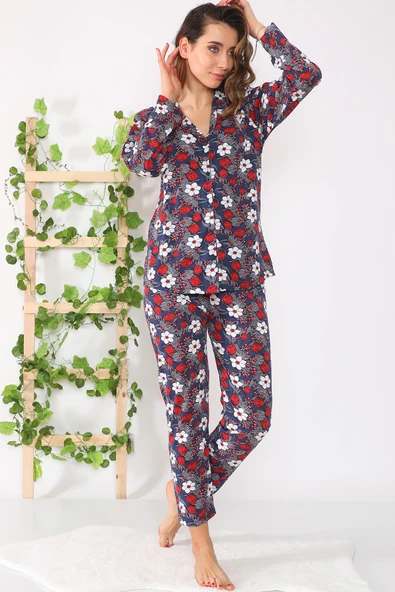 Çiçekli Düğmeli Pijama Takımı - 10