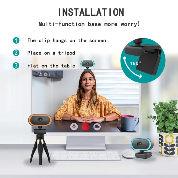 C11 2K HD Web Kamerasi Mavi 360 Derece Donen Mikrofonlu Tripodlu - 11
