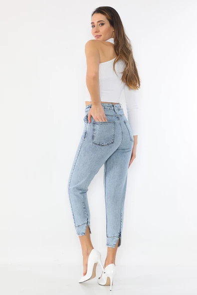 Yüksek Bel Paçası Yırtmaçlı Mom Jeans Kot Pantolon - 8