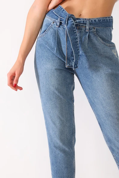 Kemerli Mom Jeans Kot Pantolon - 5