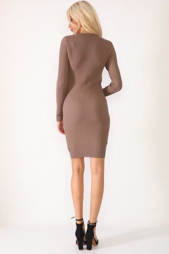 V Yaka Fitilli Triko Elbise - 3