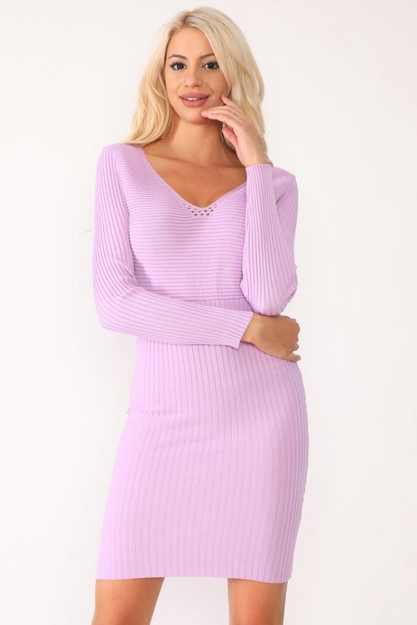 V Yaka Fitilli Triko Elbise - 4