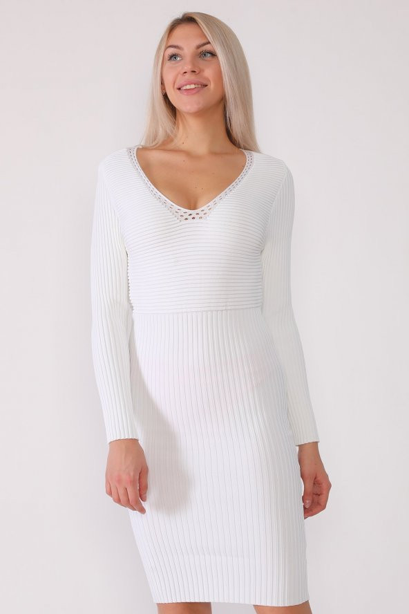 V Yaka Fitilli Triko Elbise - 7