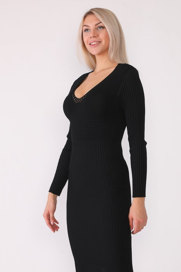 V Yaka Fitilli Triko Elbise - 10