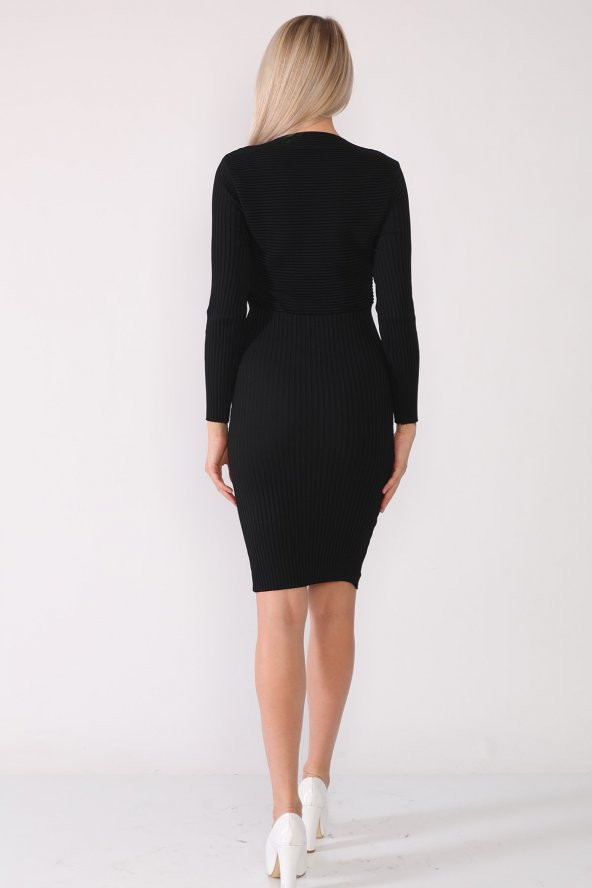 V Yaka Fitilli Triko Elbise - 12