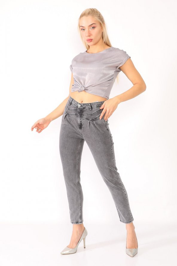 Zigzag Detaylı Mom Jeans Kot Pantolon
