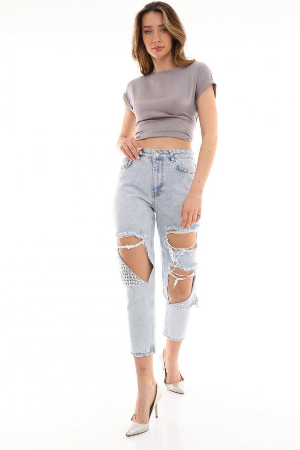 Metal Zımba Detaylı Yırtık Mom Jeans Kot Pantolon - 3