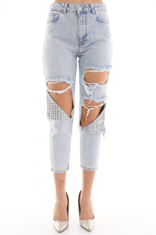 Metal Zımba Detaylı Yırtık Mom Jeans Kot Pantolon - 5