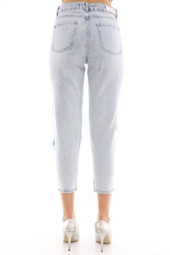 Metal Zımba Detaylı Yırtık Mom Jeans Kot Pantolon - 6