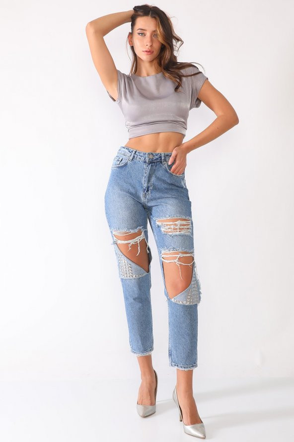 Metal Zımba Detaylı Yırtık Mom Jeans Kot Pantolon - 7