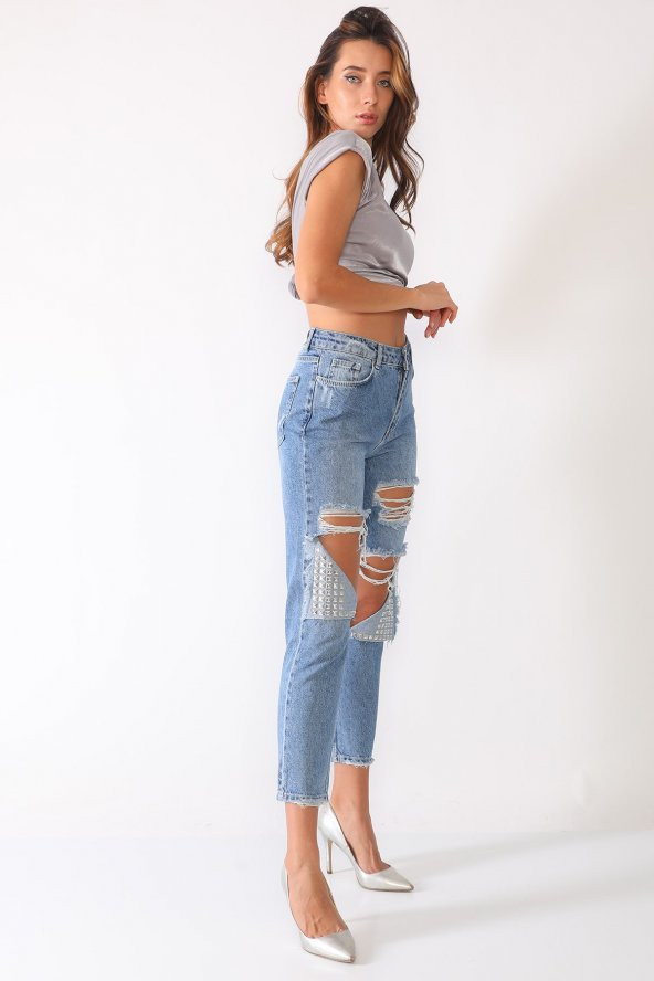 Metal Zımba Detaylı Yırtık Mom Jeans Kot Pantolon - 8