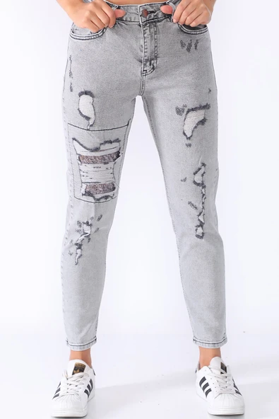 Dizde Pullu ve Yırtık Mom Jean Kot Pantolon - 11