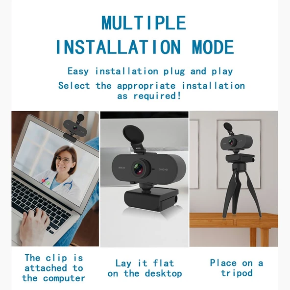 B1 4 Megapiksel 2K Çözünürlük HD 1080P 360 Derece Döner Webcam Mikrofonlu ve Tripodlu - 12