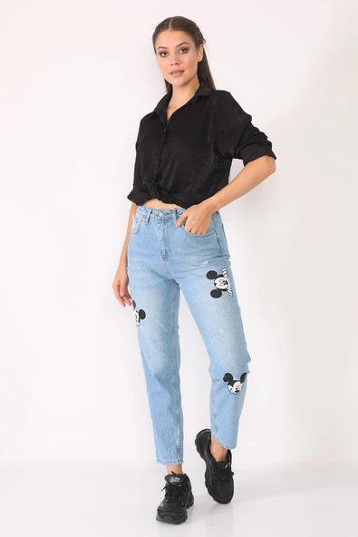 Yüksek Bel Baskılı Boyfriend Kot Pantolon - 7