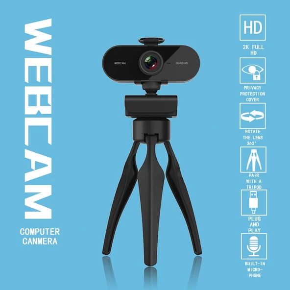 B1 4 Megapiksel 2K Çözünürlük HD 1080P 360 Derece Döner Webcam Mikrofonlu ve Tripodlu - 2