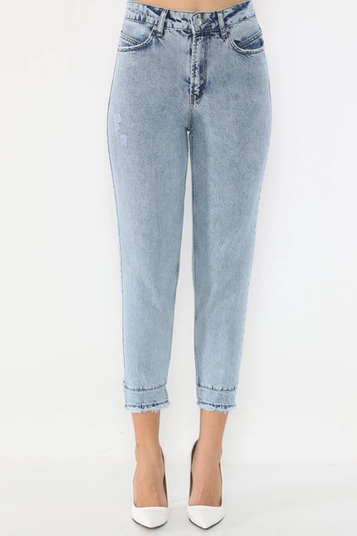 Yüksek Bel Paçası Yırtmaçlı Mom Jeans Kot Pantolon - 11