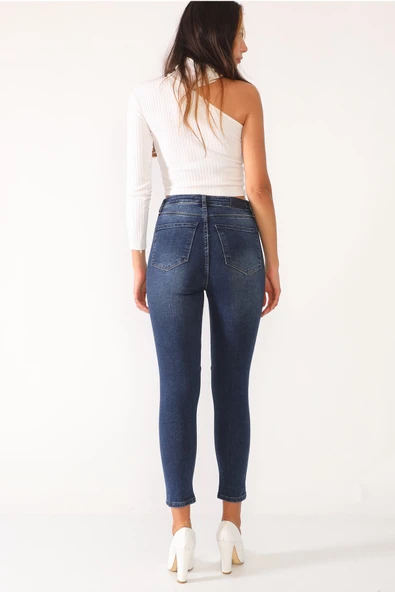 Likralı Yüksek Bel Parçalı Kot Pantolon - 7